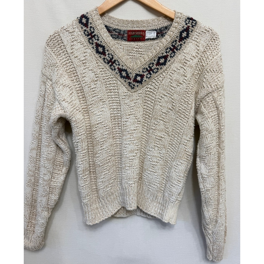 High Sierra Vintage 100% Cotton V-Neck Chunky Knit Sweater Cream Medium